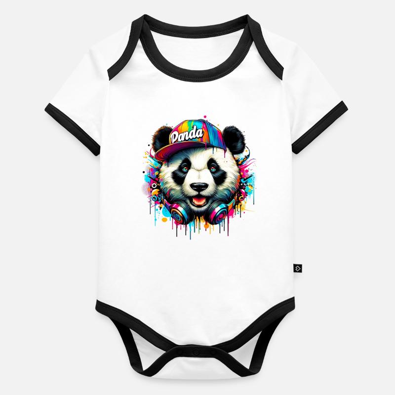 Panda DJ Deejay avec des écouteurs écoute de la musique Body Bébé bio contrasté manches courtes