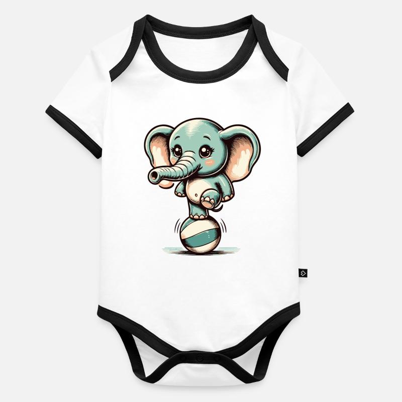 Éléphant de dessin animé mignon sur ballon d’exercice Body Bébé bio contrasté manches courtes