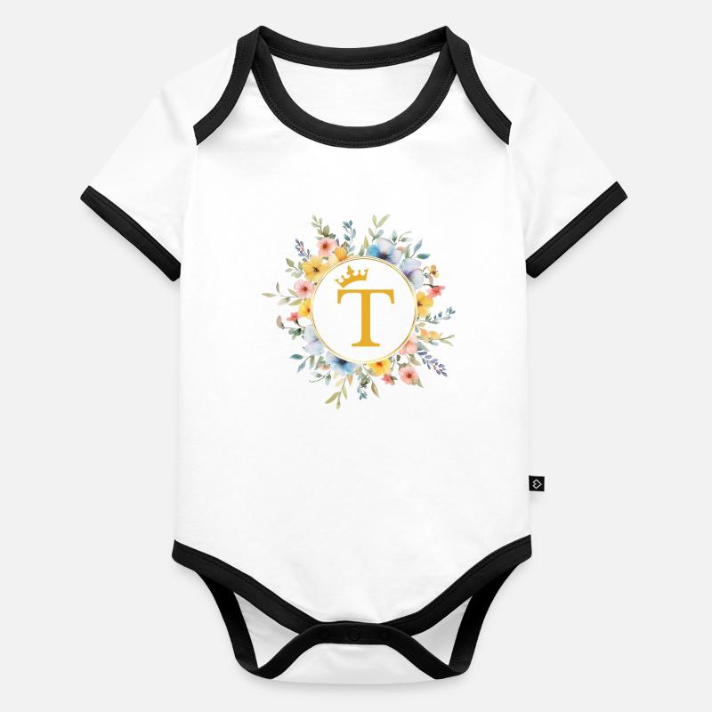 T monogramme, cercle de fleurs, personnalisable Body Bébé bio contrasté manches courtes
