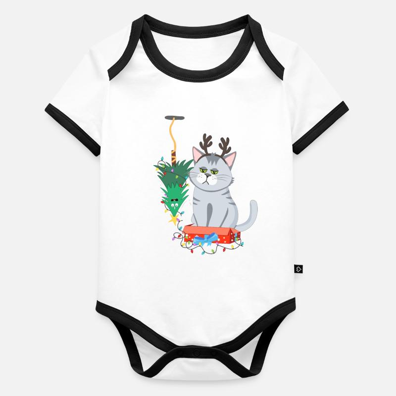 Chat et sapin de Noël Anti Noël Body Bébé bio contrasté manches courtes