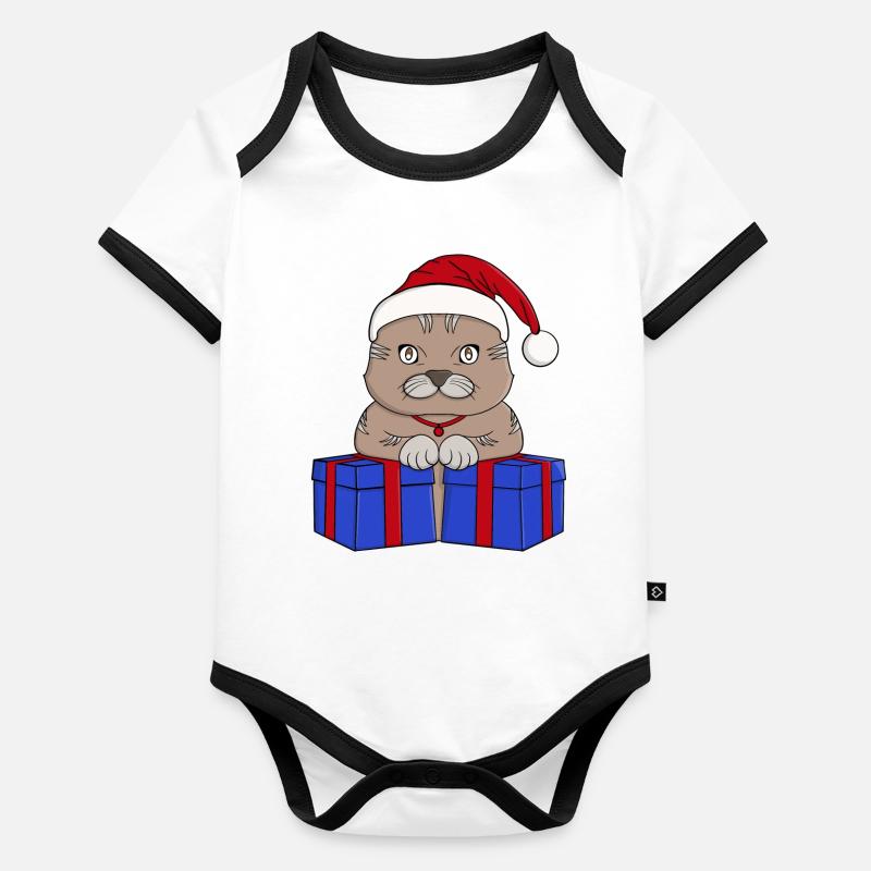 Mignon chat Père Noël Body Bébé bio contrasté manches courtes