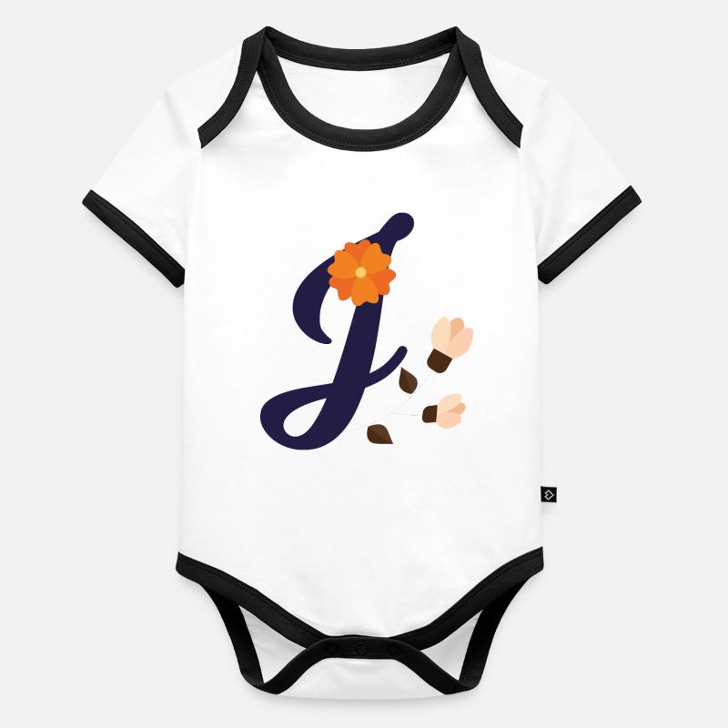 Elégante lettre 'J' avec des fleurs Body Bébé bio contrasté manches courtes