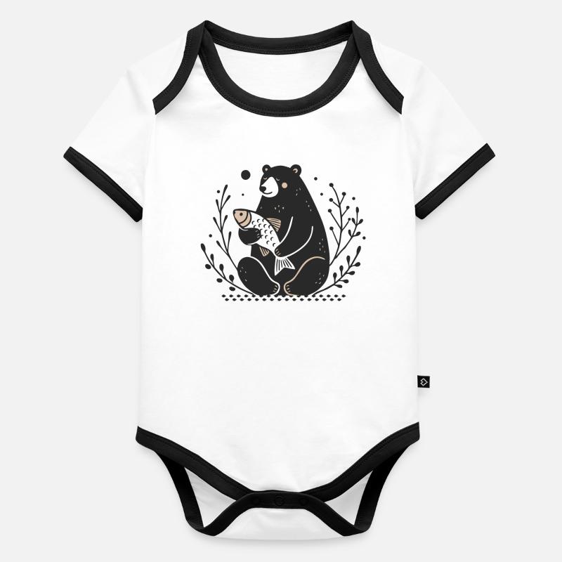 Ein sitzenden Bär,der einen Fisch hält Baby Bio-Kurzarm-Kontrastbody