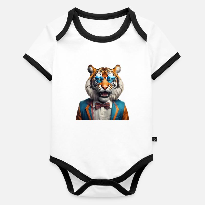 Lebendiger Tiger mit Retro-Brille und Anzug Baby Bio-Kurzarm-Kontrastbody