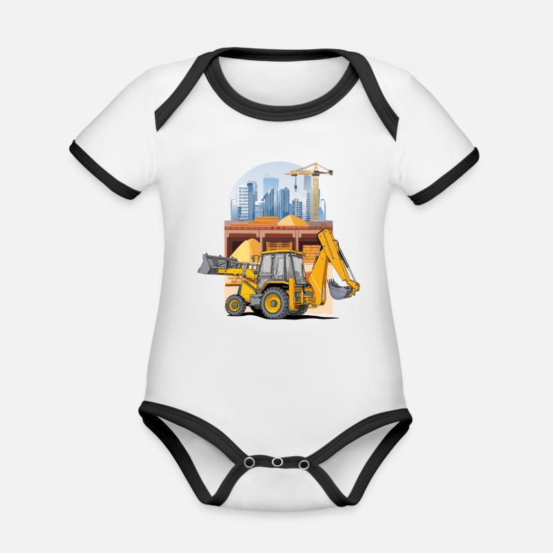 Backhoe Loader, Tractor Loader on Construction Site - Organic Baby Contrasting Bodysuit - white/black