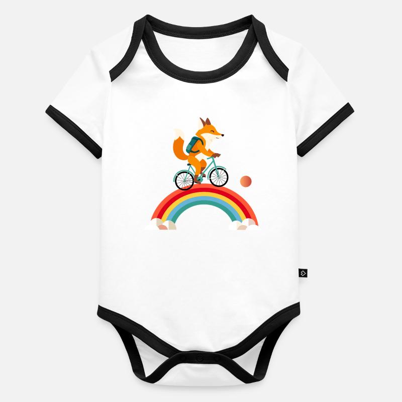 Cheerful fox on bicycle over rainbow Organic Baby Contrasting Bodysuit