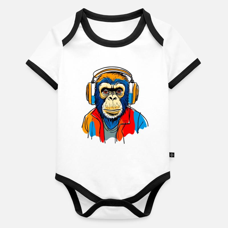 Affe mit Kopfhörern Baby Bio-Kurzarm-Kontrastbody