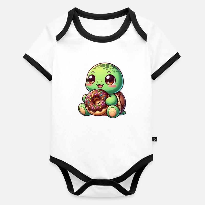 Cute turtle with donut cartoon snacking Organic Baby Contrasting Bodysuit