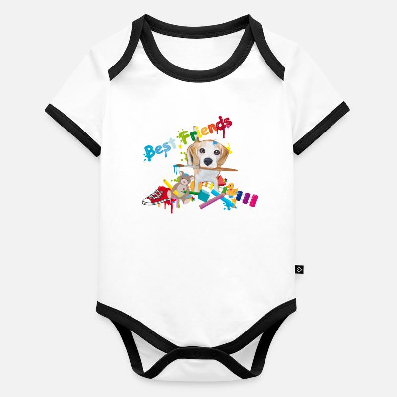 Bunter Freundschaftsgruß mit Beagle & Spielzeug Baby Bio-Kurzarm-Kontrastbody