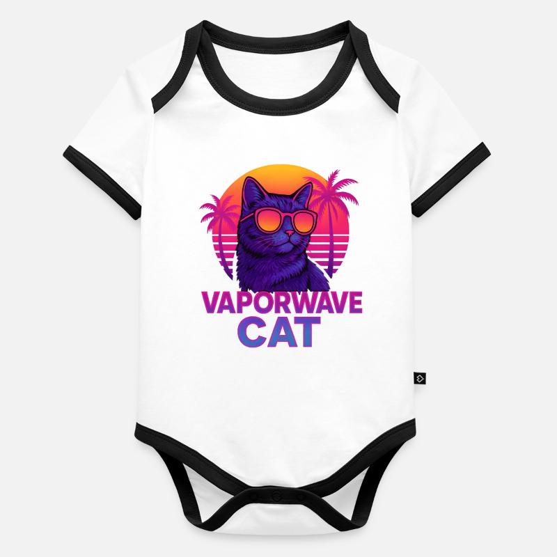 Vaporwave Cat with Sunset Organic Baby Contrasting Bodysuit