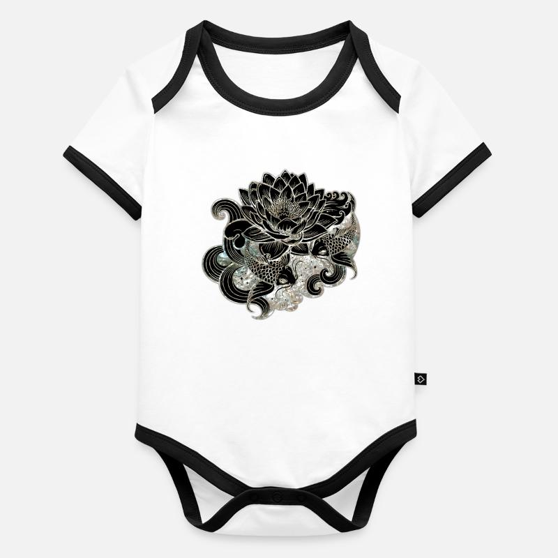 Koi et fleur de lotus dans le style yin yang Body Bébé bio contrasté manches courtes