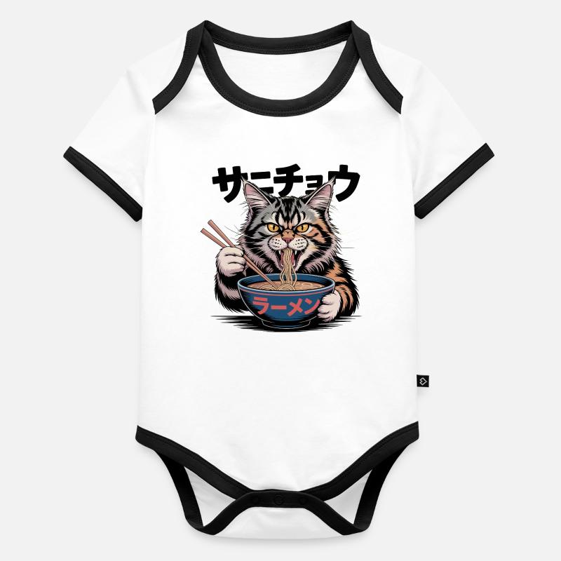 Hungrige Ramen-Katze Lustiges Design Baby Bio-Kurzarm-Kontrastbody