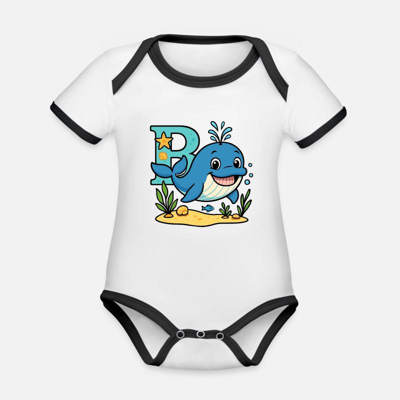 B comme… Baleine ! Design alphabet mignon - Body Bébé bio contrasté manches courtes - blanc/noir