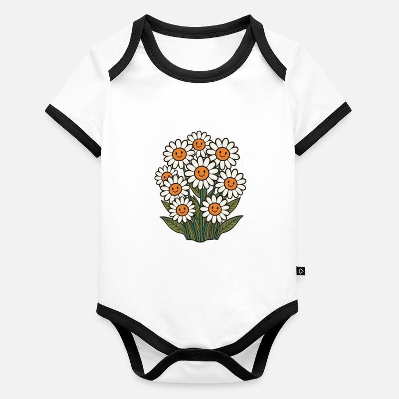 Fleurs gaies avec smileys Body Bébé bio contrasté manches courtes