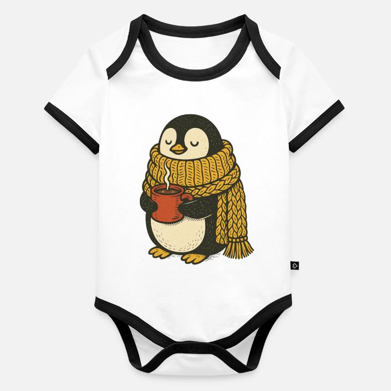 Pingouin douillet avec écharpe en laine et boisson chaude Body Bébé bio contrasté manches courtes