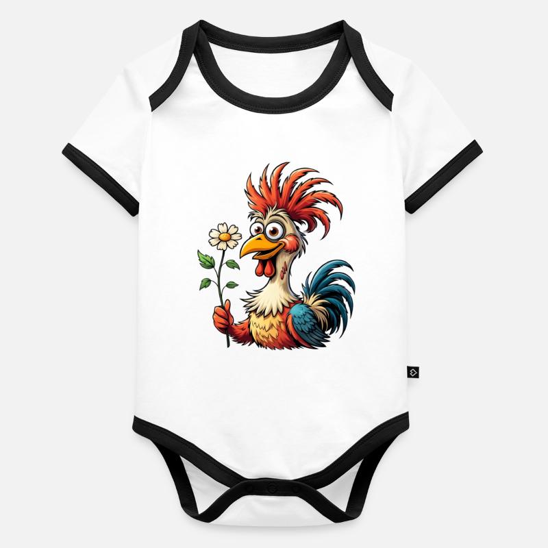 Coq de dessin animé coloré avec fleur de marguerites Body Bébé bio contrasté manches courtes