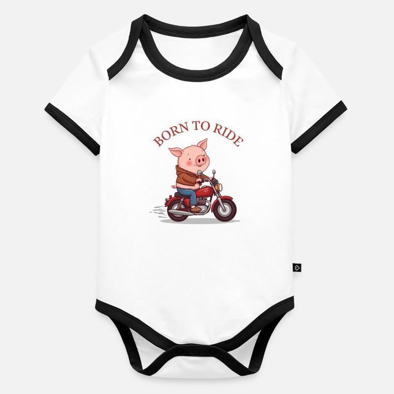 Cochon de dessin animé sur une moto – Né pour rouler Body Bébé bio contrasté manches courtes
