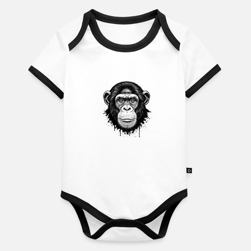 Illustration de visage de singe en noir et blanc Body Bébé bio contrasté manches courtes