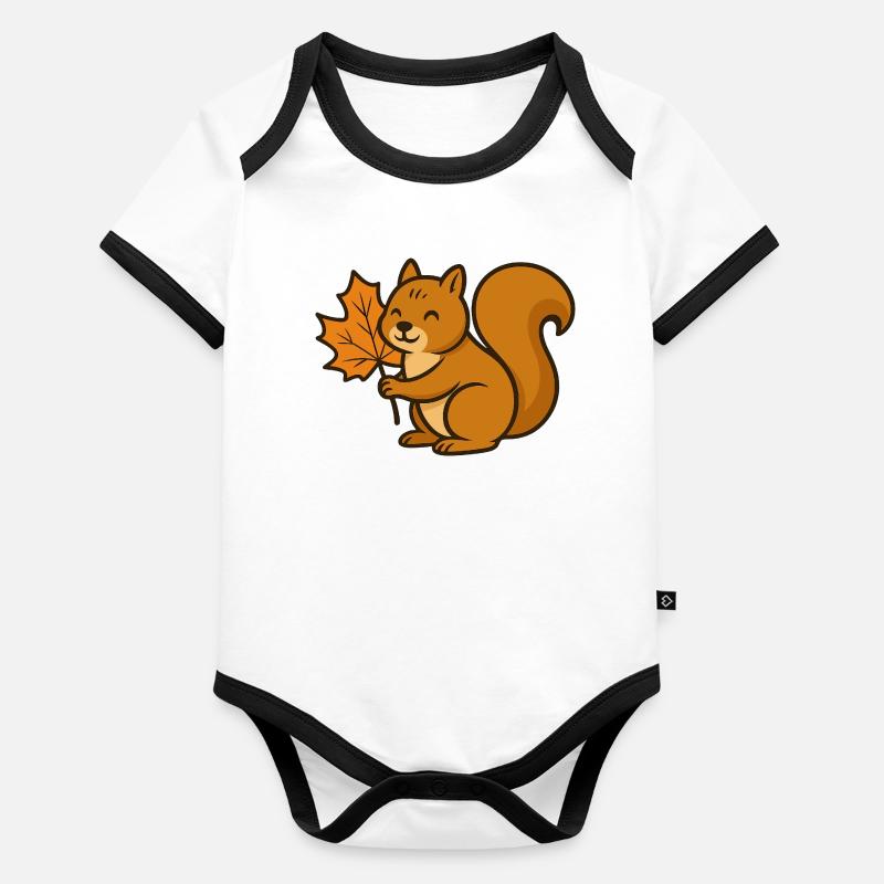 Niedliches Eichhörnchen mit Herbstblatt Cartoon Baby Bio-Kurzarm-Kontrastbody