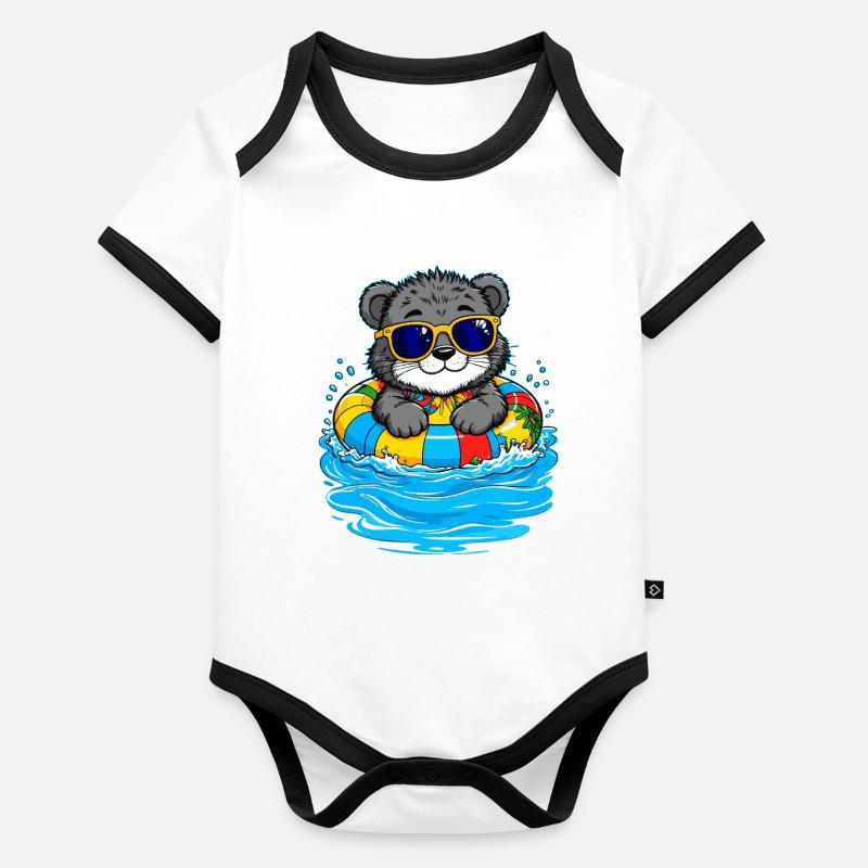Petit chaton avec anneau de natation coloré Body Bébé bio contrasté manches courtes
