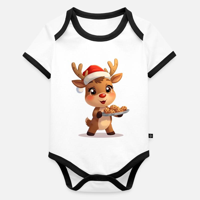 Renne avec chapeau de Père Noël et biscuits Body Bébé bio contrasté manches courtes