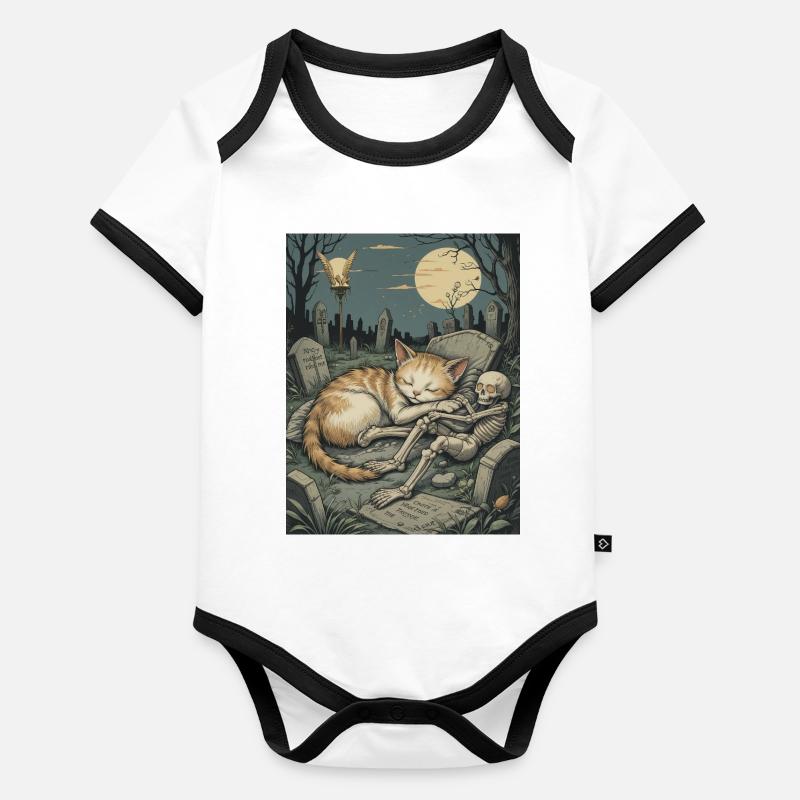 Chaton cimetière au clair de lune Body Bébé bio contrasté manches courtes