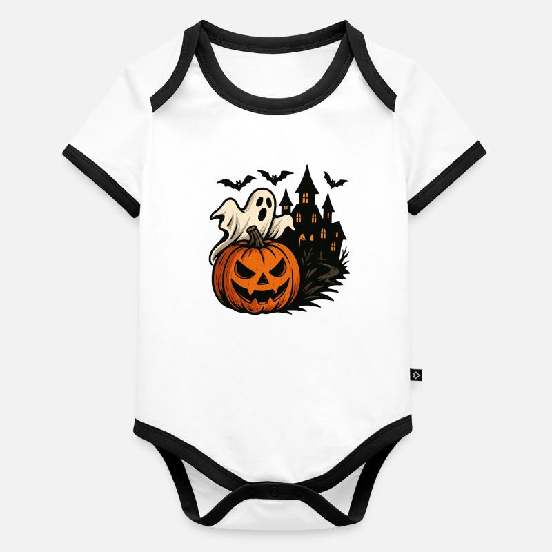 Citrouille d’Halloween, Scène de maison hantée Body Bébé bio contrasté manches courtes