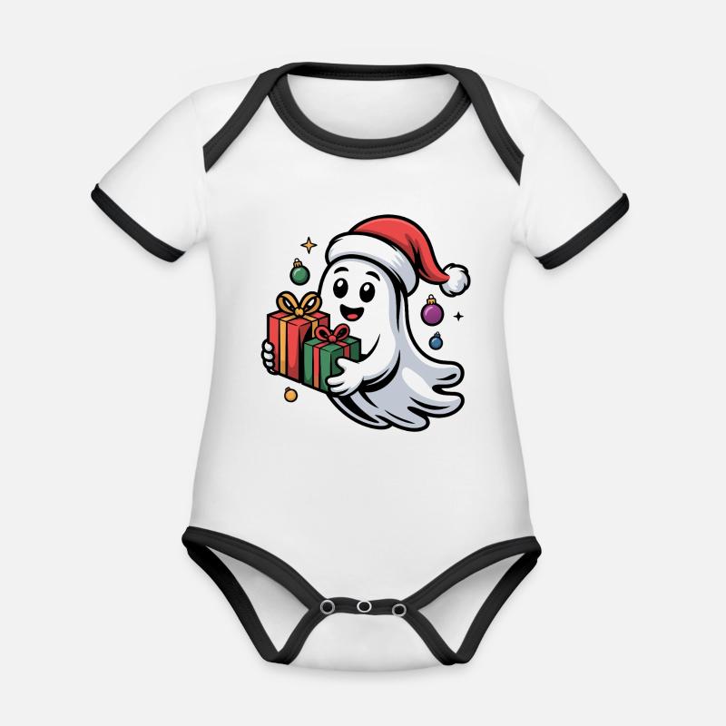 Weihnachtsgeist mit Geschenken - Baby Bio-Kurzarm-Kontrastbody - Weiß/Schwarz
