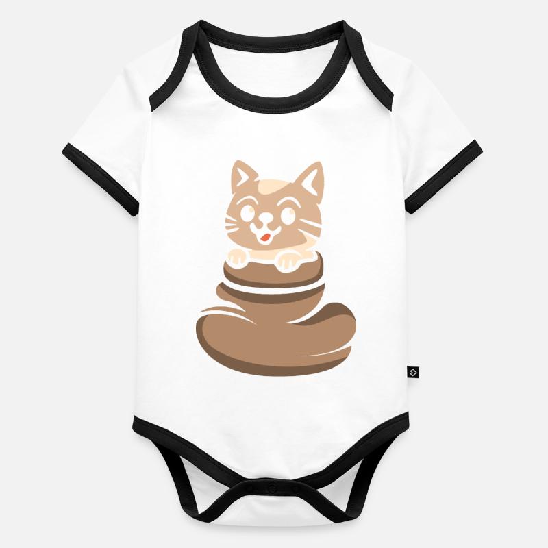 Chat mignon regardant hors du sac brun Body Bébé bio contrasté manches courtes