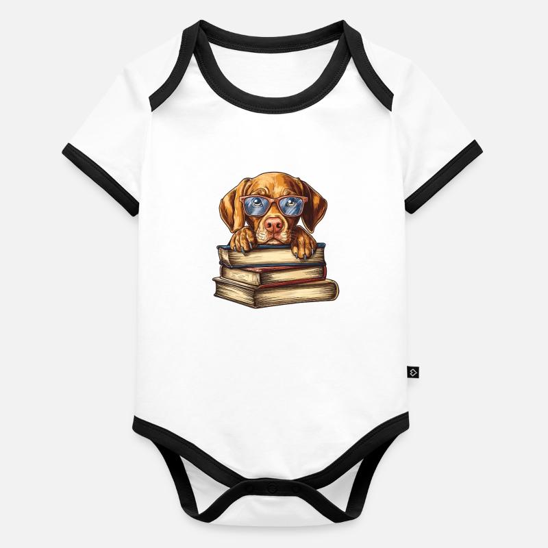 Cute Vizsla Dog Reading Book with Glasses Organic Baby Contrasting Bodysuit
