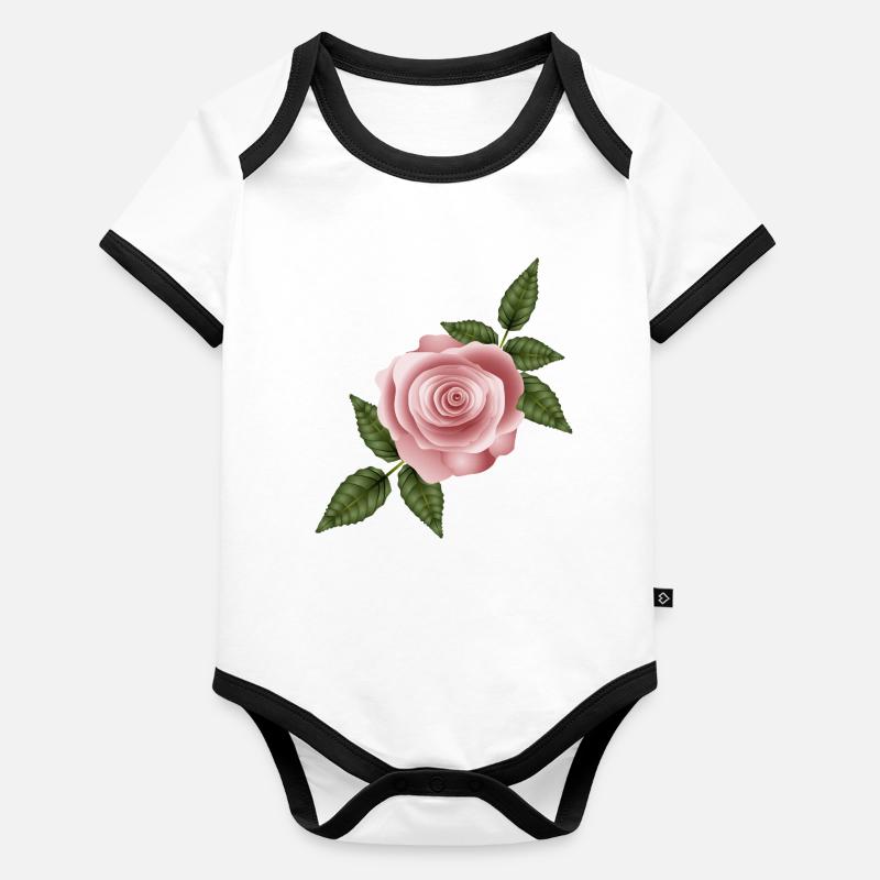 Rose délicate rose sombre avec des feuilles vertes élégantes Body Bébé bio contrasté manches courtes