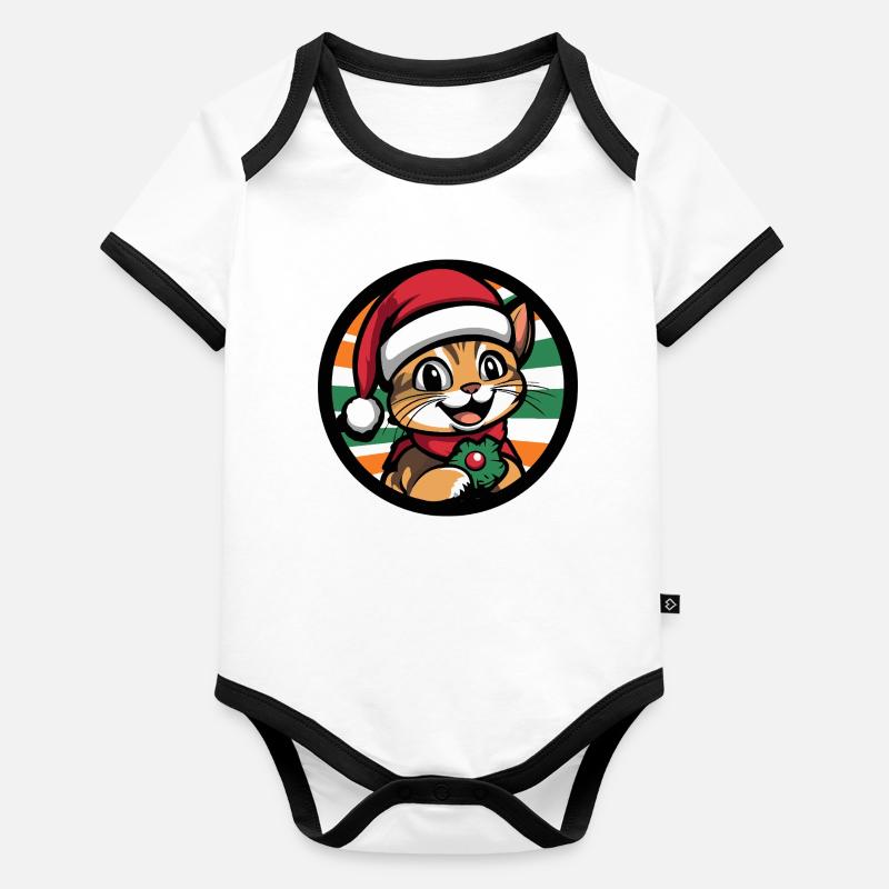 Chat de Noël avec une couronne de gui Body Bébé bio contrasté manches courtes