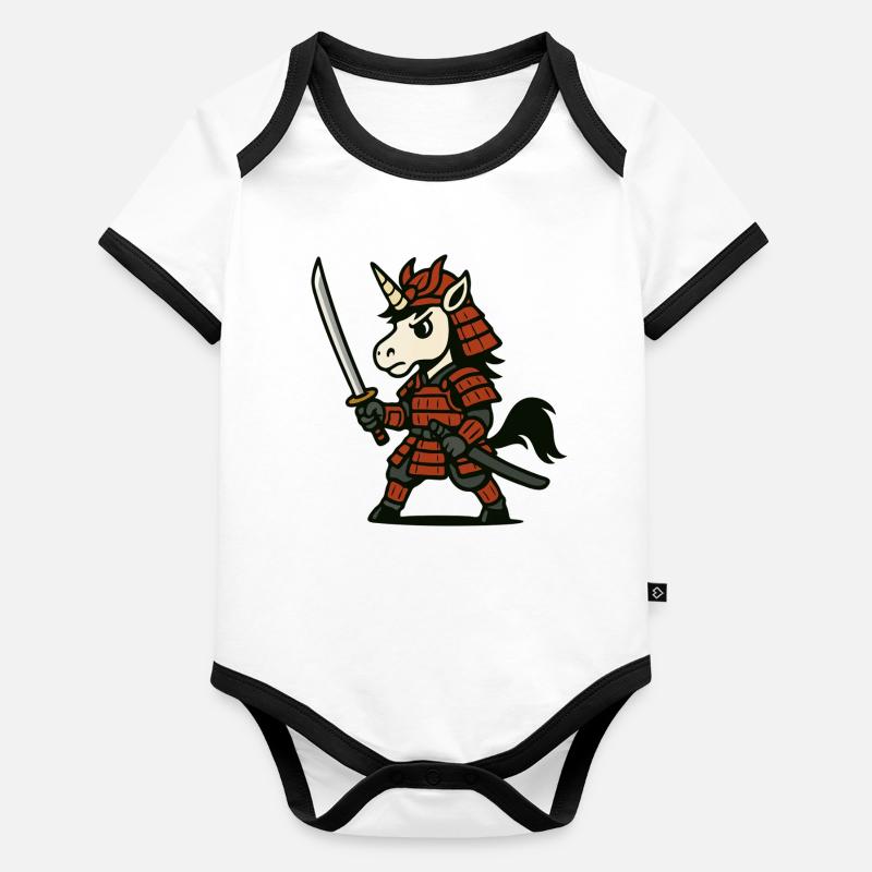 Samurai-Einhornkrieger mit roter Rüstung und Klinge Baby Bio-Kurzarm-Kontrastbody
