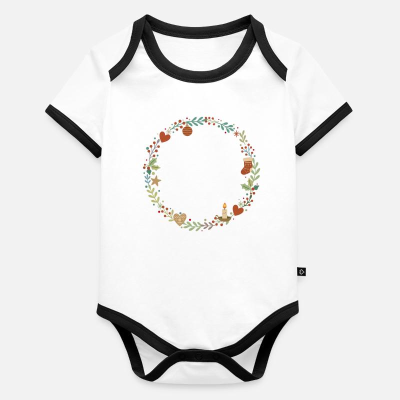 Couronne de feuilles de Noël illustrée avec décoration Body Bébé bio contrasté manches courtes