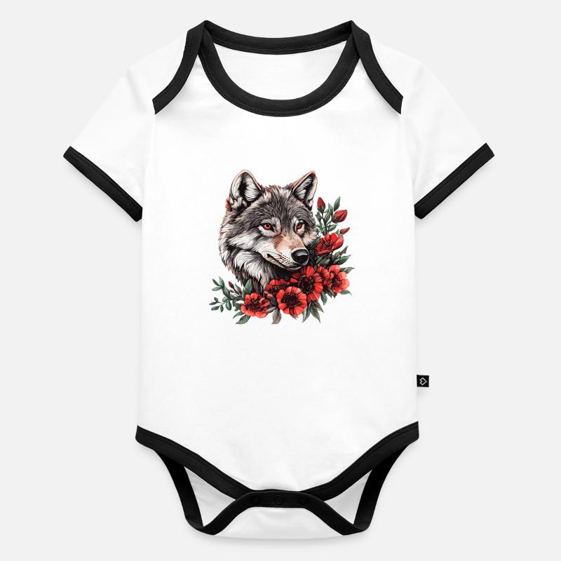Visage de loup avec des fleurs rouges Body Bébé bio contrasté manches courtes
