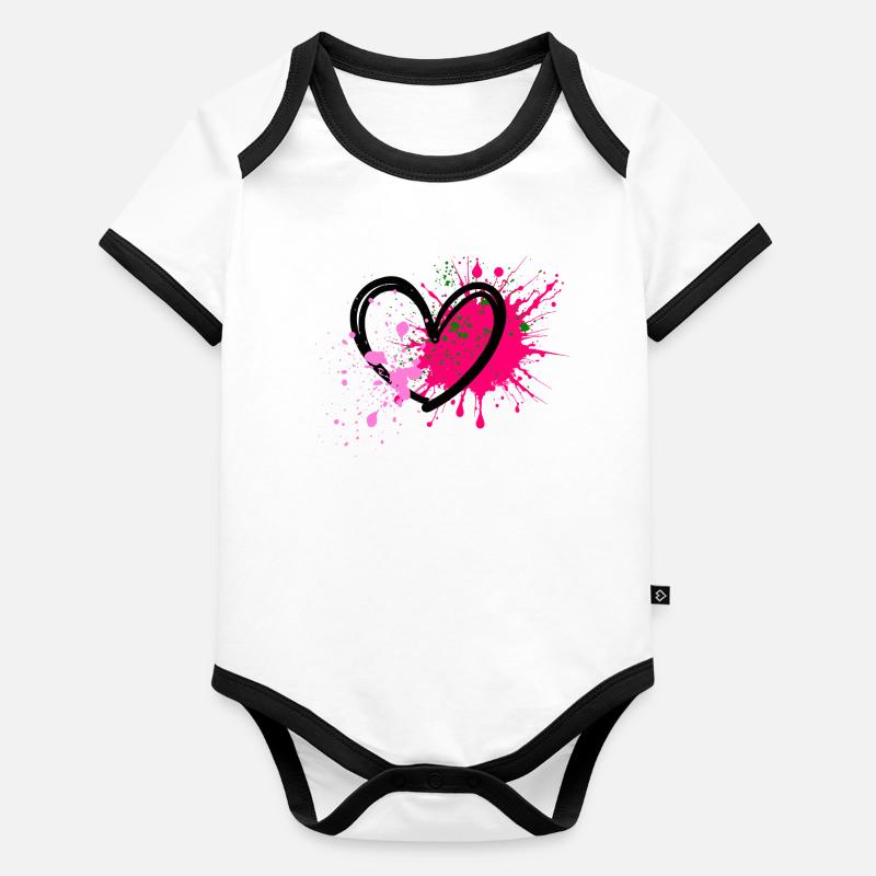 Neon-Splatterherz auf Schwarz Baby Bio-Kurzarm-Kontrastbody