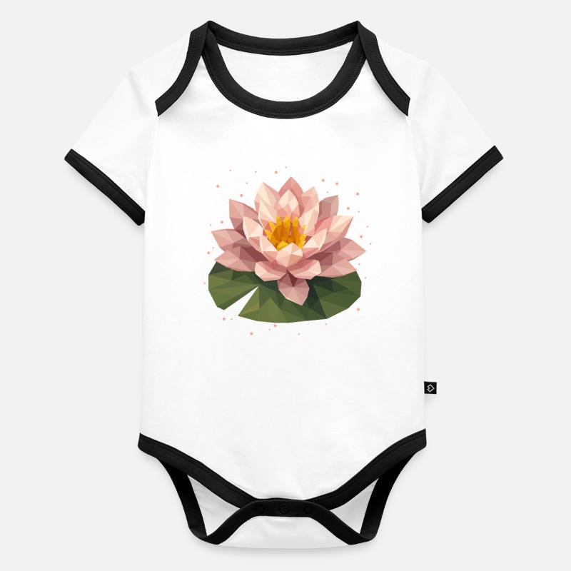 Nénuphar polygonal rose sur feuille verte Body Bébé bio contrasté manches courtes