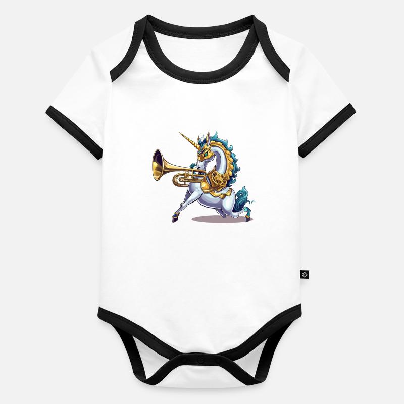 Licorne d’or avec trompette Body Bébé bio contrasté manches courtes