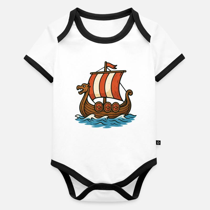 Bateau viking à voile rouge Body Bébé bio contrasté manches courtes