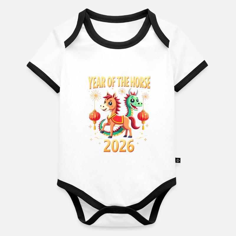 Nouvel An chinois du cheval 2026 Body Bébé bio contrasté manches courtes