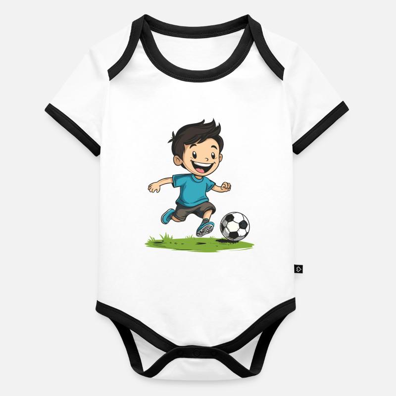 Fröhlicher Junge kickt Ball Baby Bio-Kurzarm-Kontrastbody