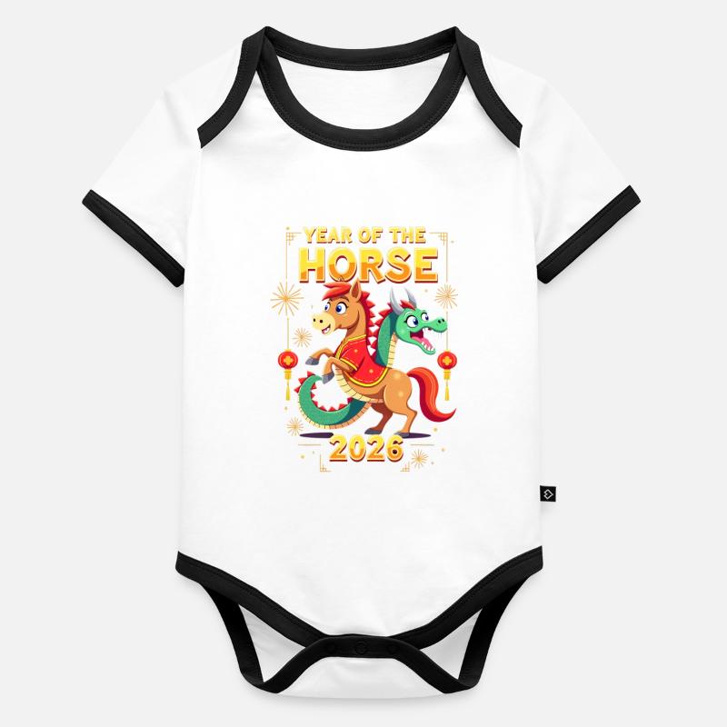Nouvel An chinois du cheval 2026 Body Bébé bio contrasté manches courtes