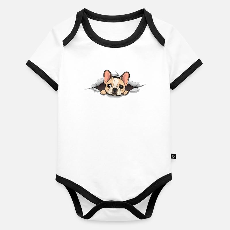 Chiot bouledogue français chiot qui regarde trou en papier déchiré Body Bébé bio contrasté manches courtes