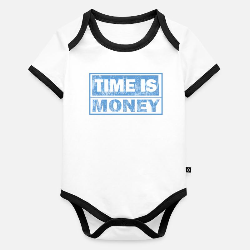Time is money – Blue block text Organic Baby Contrasting Bodysuit