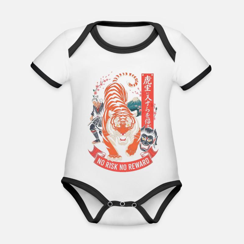 Design du Tiger Samurai Sans Risque Sans Récompense - Body Bébé bio contrasté manches courtes - blanc/noir