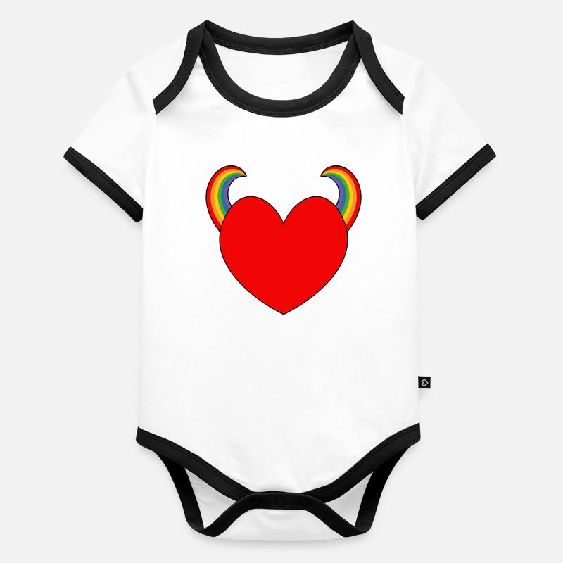 Rotes Herz mit Regenbogenhörnern Baby Bio-Kurzarm-Kontrastbody
