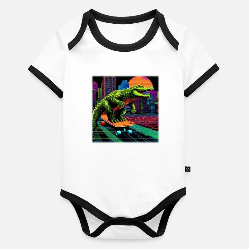 Pixel Art Krokodil – Retro Skater Synthwave Baby Bio-Kurzarm-Kontrastbody