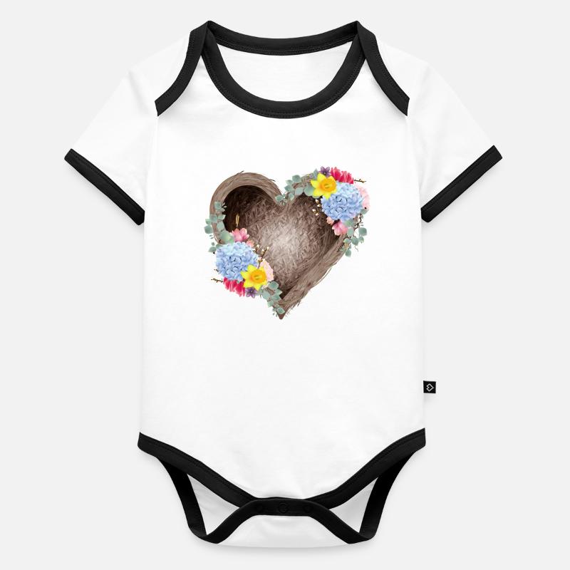 Nid d’oiseau en forme de cœur avec des fleurs printanières Body Bébé bio contrasté manches courtes