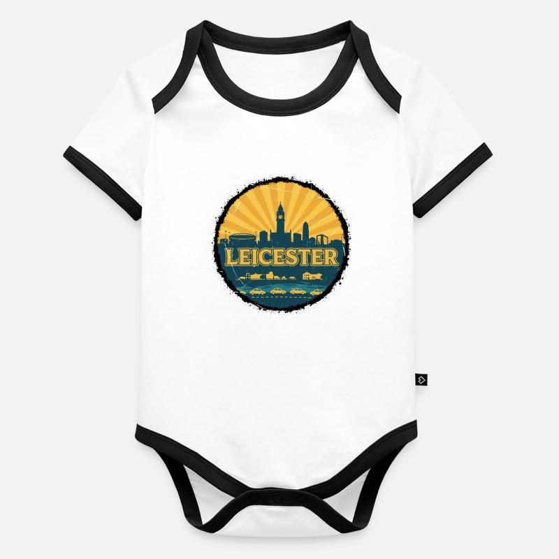 Leicester City Skyline Retro Sunset Abzeichen Baby Bio-Kurzarm-Kontrastbody