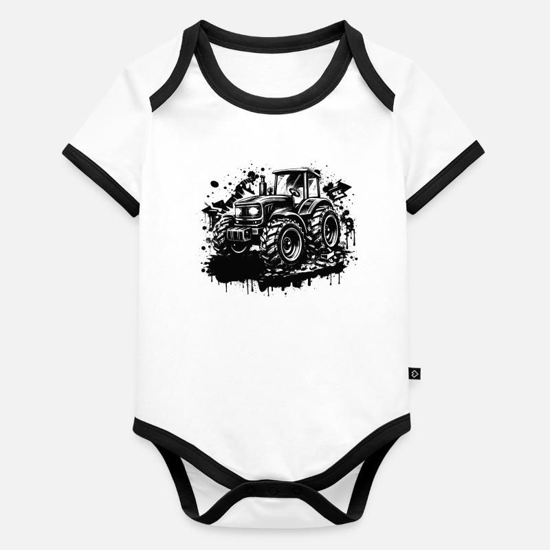 Black and White Stencil Style Tractor Organic Baby Contrasting Bodysuit